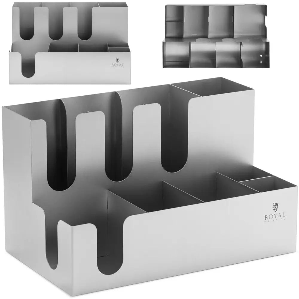 Holder for kopper, lokk, rørepinner og sukker, i børstet stål med flere rom og avrundede utskjæringer.