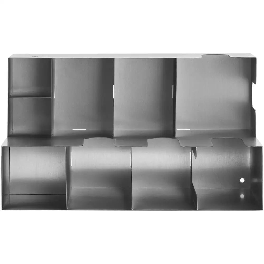 Holder for kopper, lokk, rørepinner og sukker, frontvisning med flere rom i børstet stål og rundt hull i hjørnet.