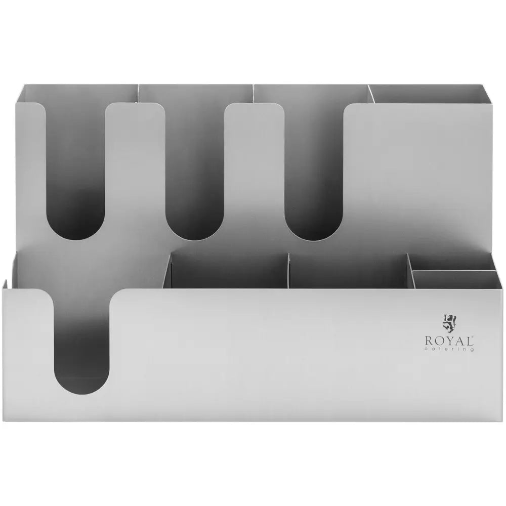 Holder for kopper, lokk, rørepinner og sukker i sølvfarget metall, frontvisning med inndelte rom og logo.