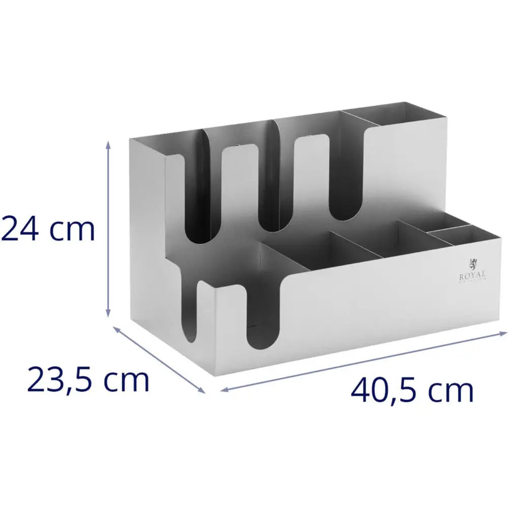 Holder for kopper, lokk, rørepinner og sukker, skråvisning som fremhever flere rom og børstet metallfinish.