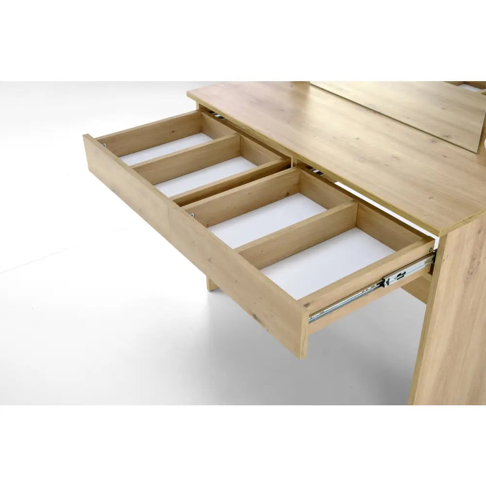 HOLLYWOOD sminkebord eik artisan, nærbilde av åpen skuff med tre rom og hvitt innerfôr i lyst treverk.