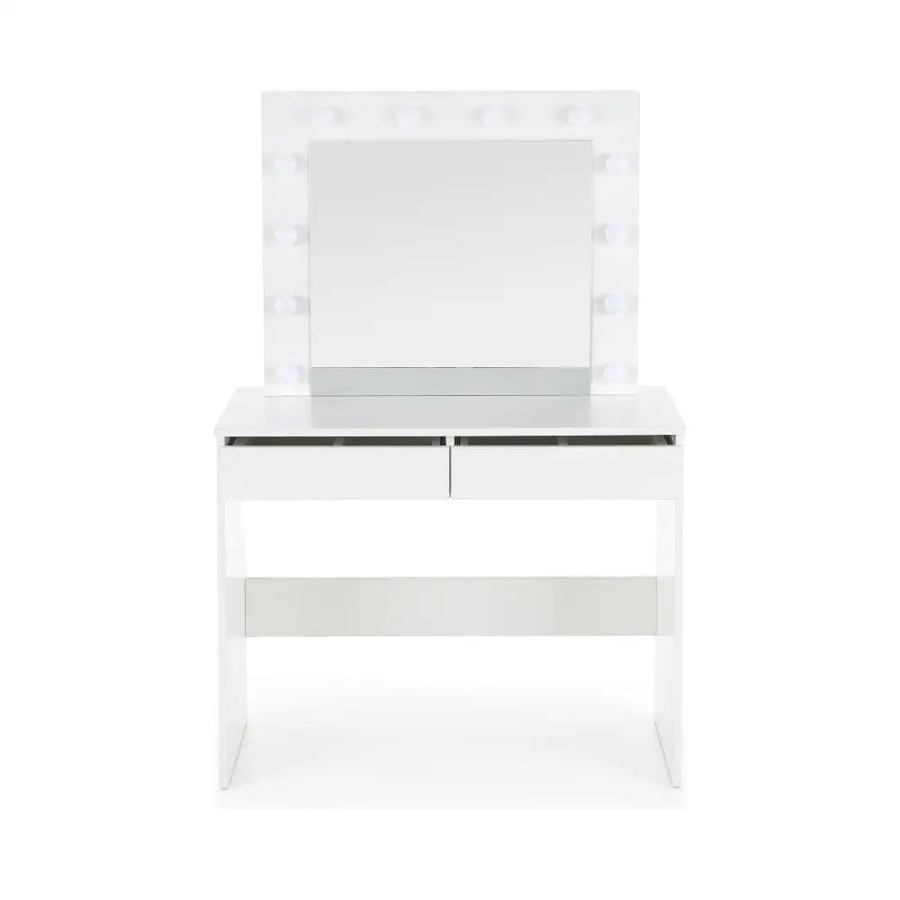 HOLLYWOOD sminkebord i hvitt, frontvisning med to skuffer og speil omkranset av integrert belysning.
