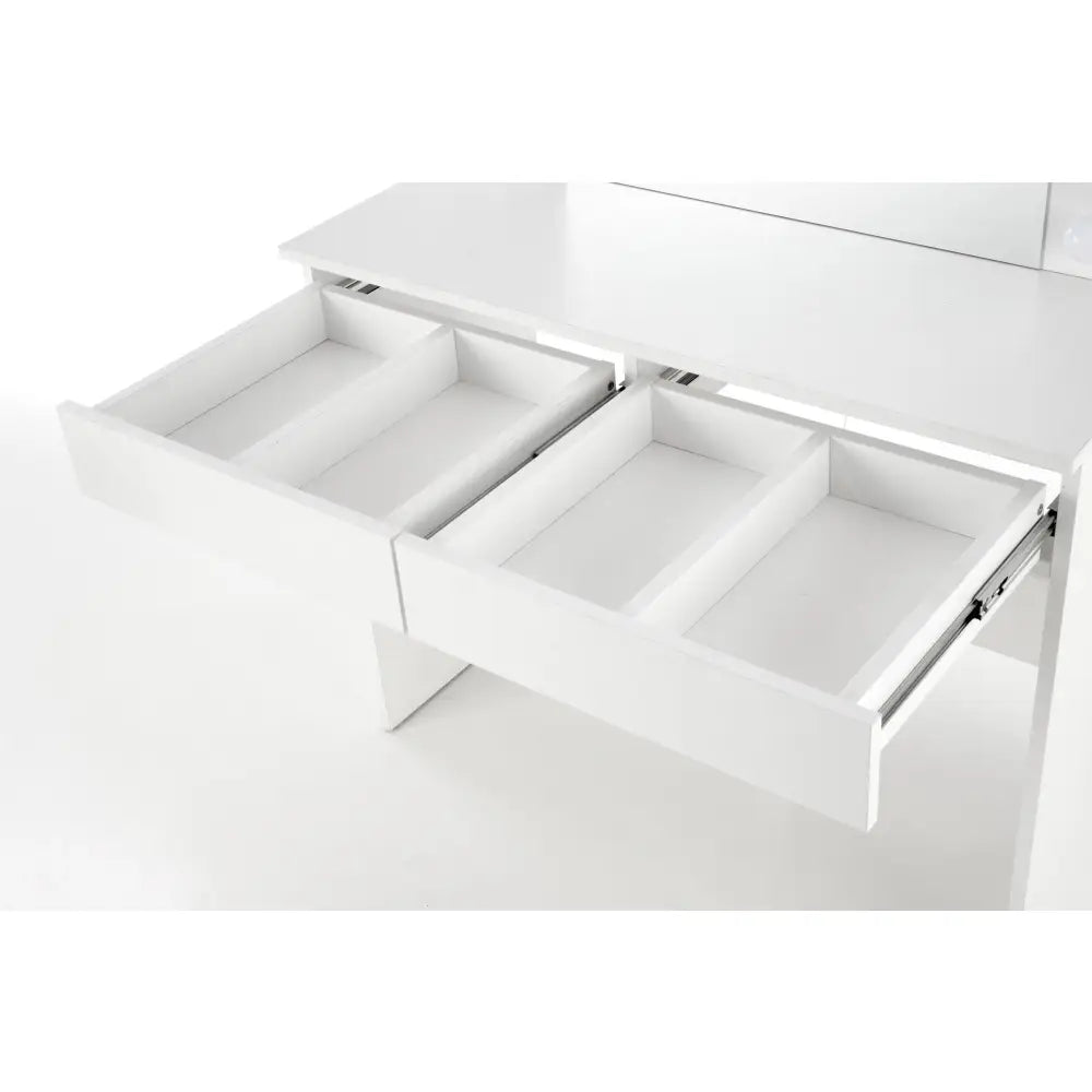 HOLLYWOOD sminkebord hvit, to skuffer med inndelte rom i høyglans, sett ovenfra og fra siden.