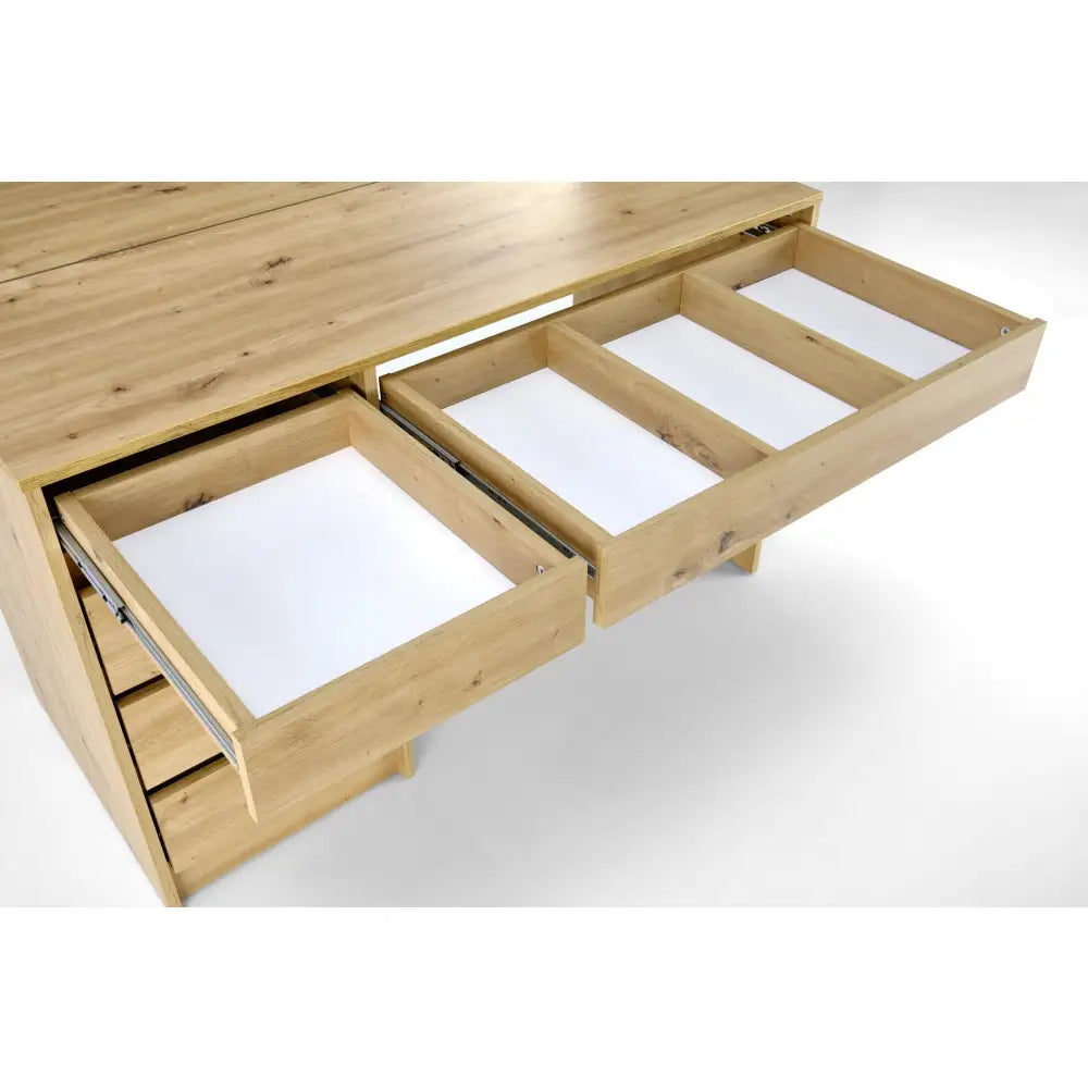 HOLLYWOOD XL sminkebord sett ovenfra, åpne skuffer med hvite inndelinger og lyse trematerialer.