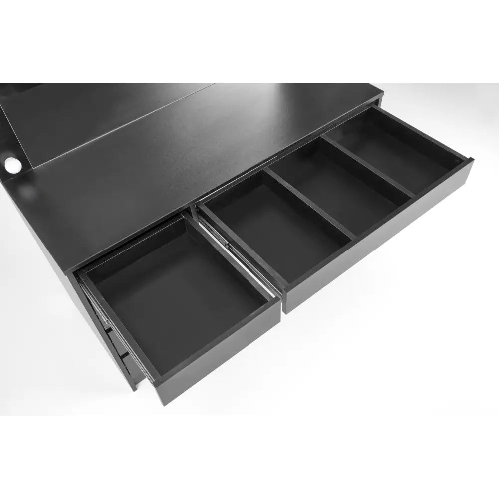 HOLLYWOOD XL sminkebord svart, åpne metallskuffer med rominndeling sett ovenfra i et moderne design.