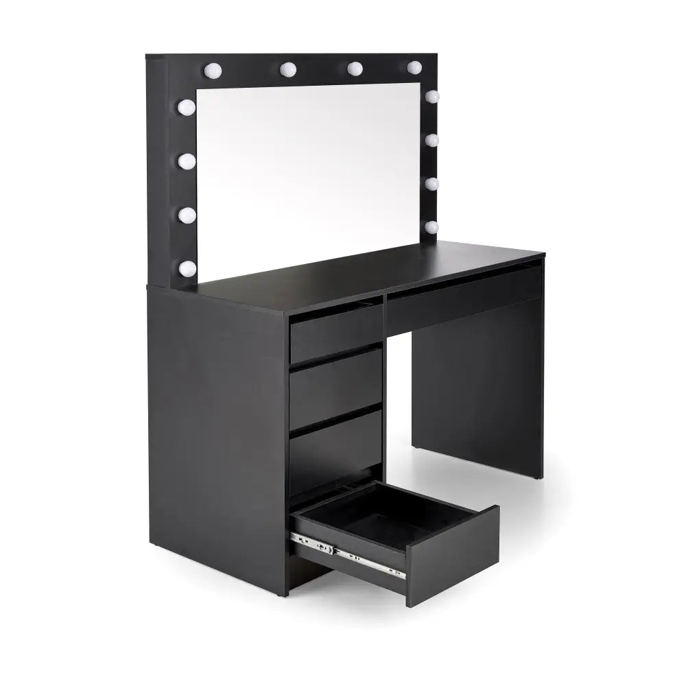 HOLLYWOOD XL sminkebord i svart, skrå forfra med synlig speilramme og åpen skuff på venstre side.