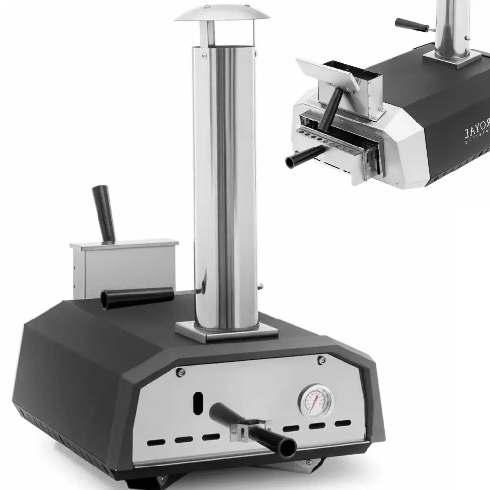 Hjemmepizzaovn i svart og rustfritt stål, frontvisning med pipe, termometer og håndtak, detalj av bakside.