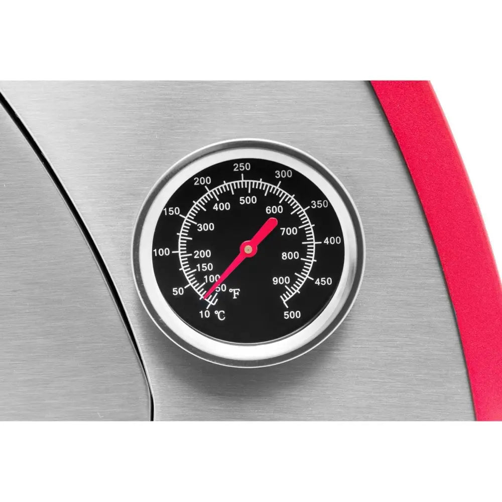 Analogt termometer for Home Wood-Fired Pizza Oven, nærbilde av rød viser og tydelig temperaturangivelse i °C og °F.