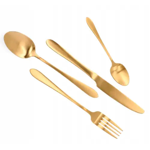 Homla Abele gullfarget bestikk, sett ovenfra med kniv, gaffel, spiseskje og teskje i moderne design.