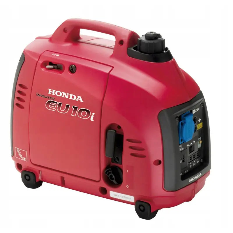 Honda Eu10I strømaggregat, rød bærbar generator med bærehåndtak og synlige uttak, skrått forfra fra siden.