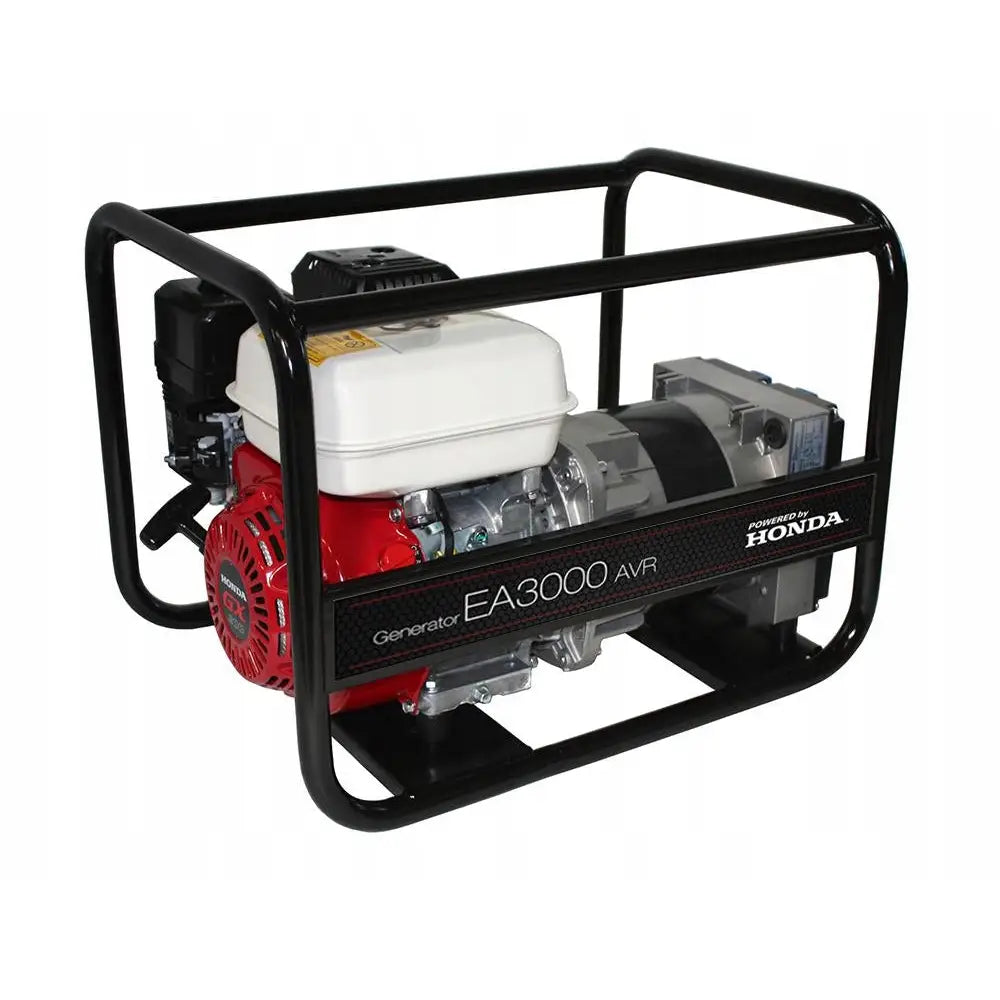 Honda strømaggregat EA3000 AVR, skråvinkel som viser sort ramme, hvit og rød motor samt tydelig Honda-logo.