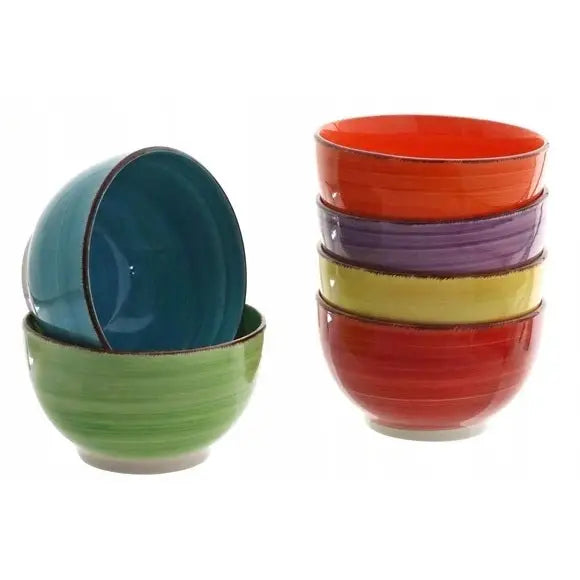 Honningskåler til suppe, seks porselensskåler i ulike farger med glansfull glasur, sidevisning.