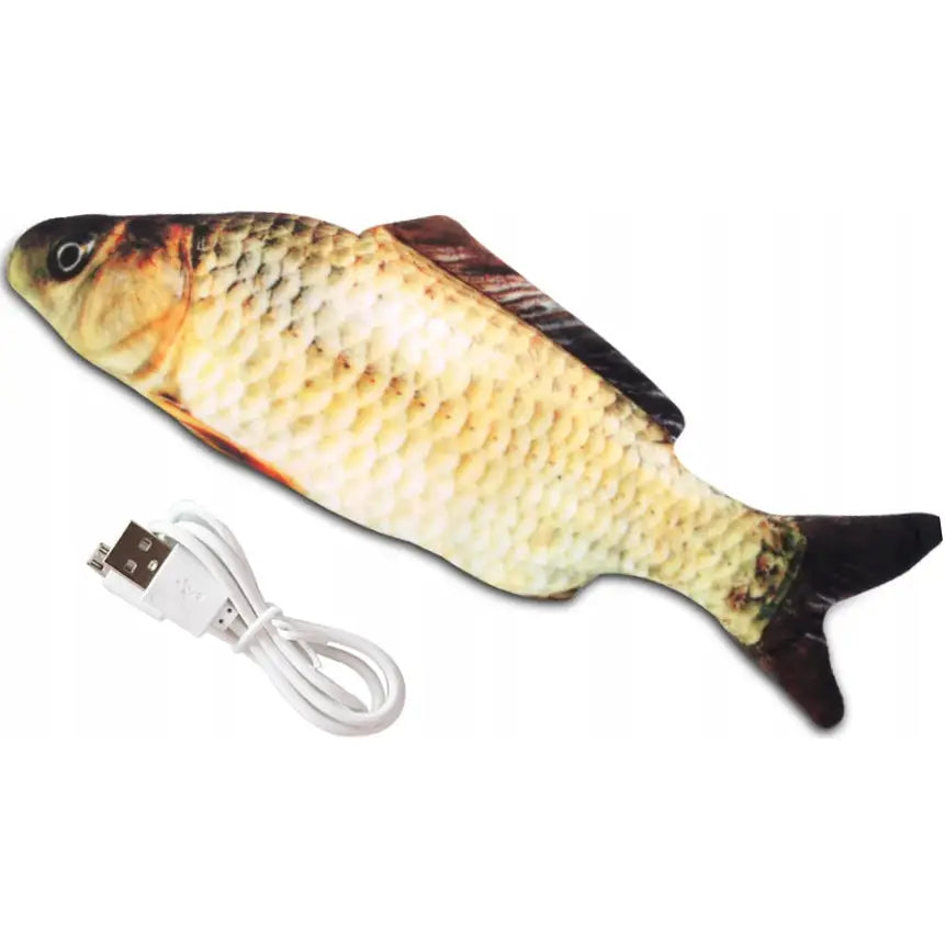 Hoppende elektrisk plysj fisk for katt, realistisk fiskemønster i gult og brunt, medfølgende hvit USB-ladekabel.