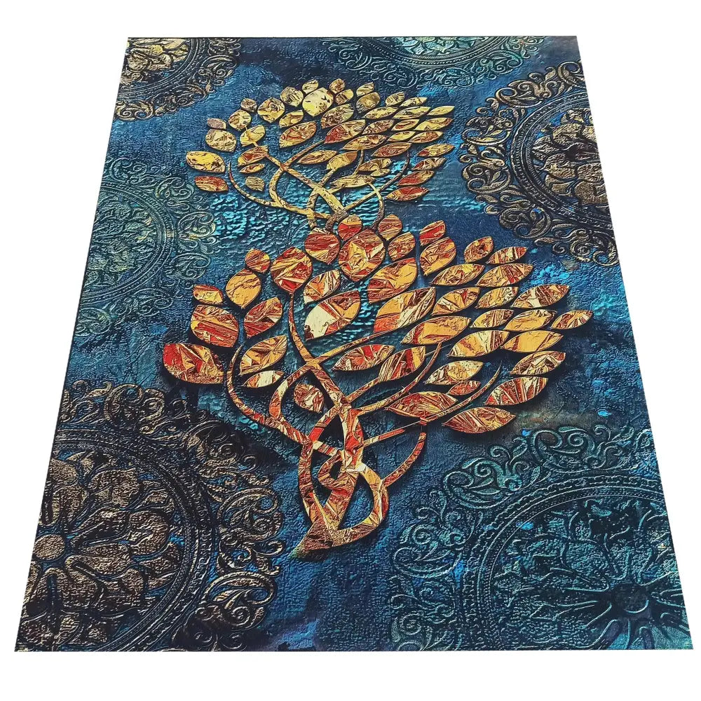 Tepedtak 160 x 220 cm, multifarget med orientalske mønstre og to gulltrær på blå bakgrunn, sett skrått ovenfra.