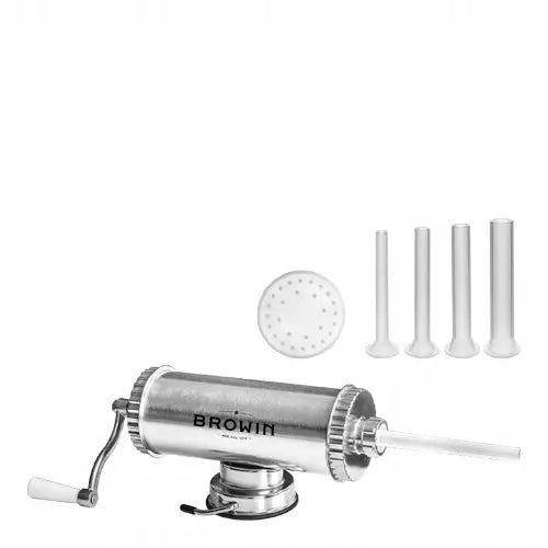 Horisontal pølsestapper 1,5 kg i rustfritt stål med silikonstempel, fire pølsetuter og perforert plate.