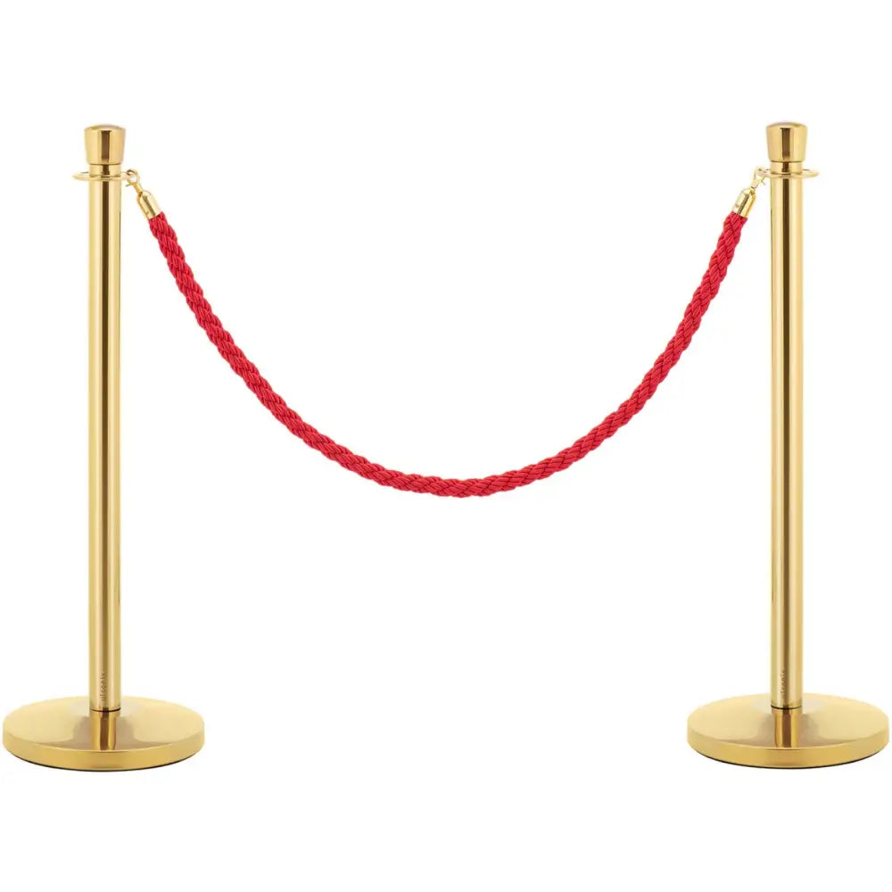 To gullfargede sikkerhetsstolper med rød flettet snor imellom, vist rett forfra mot hvit bakgrunn.