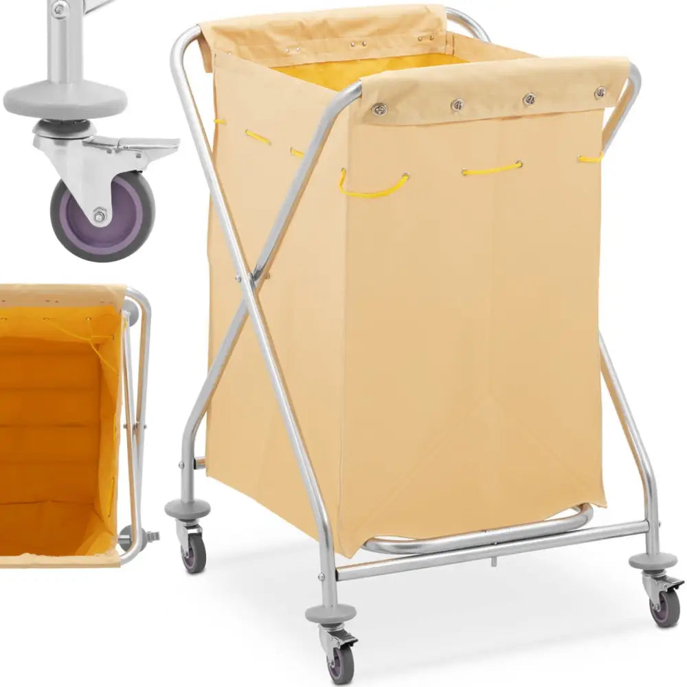 Hotellvogn for sengetøyvask, nærbilde av beige tekstilsekk på sammenleggbart stativ og detaljerte hjul.