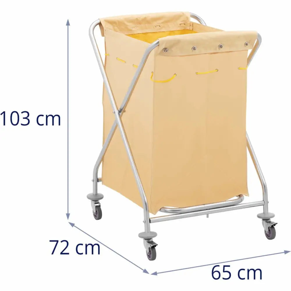 Hotellvogn for sengetøyvask, beige sekk med metallramme og hjul, sideperspektiv med mål synlig.