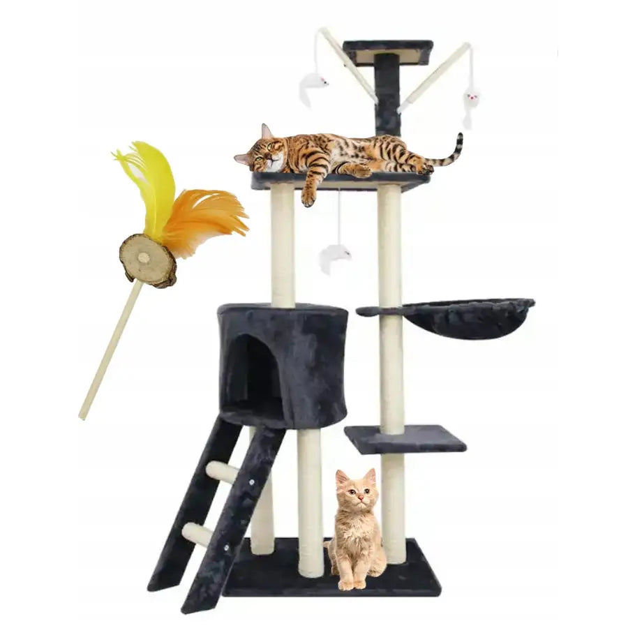 Høy kattetreetårn MT05 i sort og beige plysj, to katter leker og hviler ved stativet med hus, hengekøye og fiskestang.