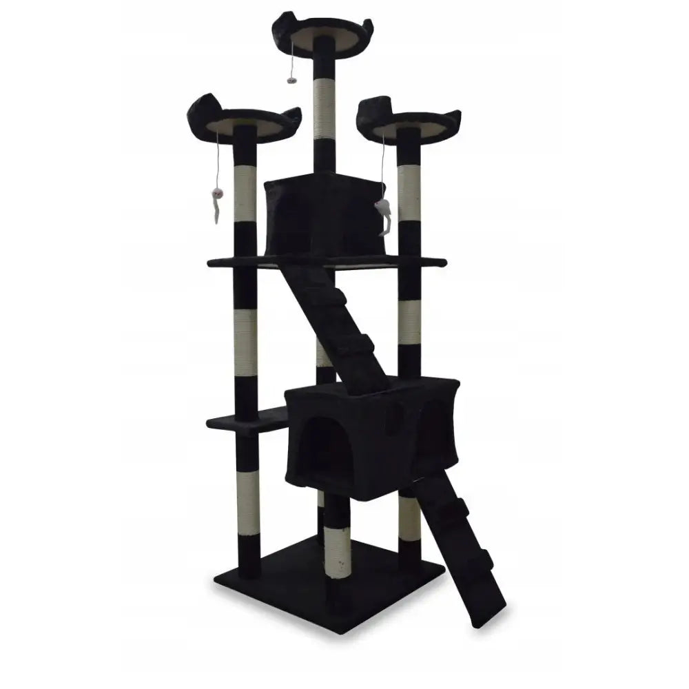 Høy klore stolpe for katter 170 cm i svart og beige, med flere plattformer, to hytter og hengende leker, frontvisning.
