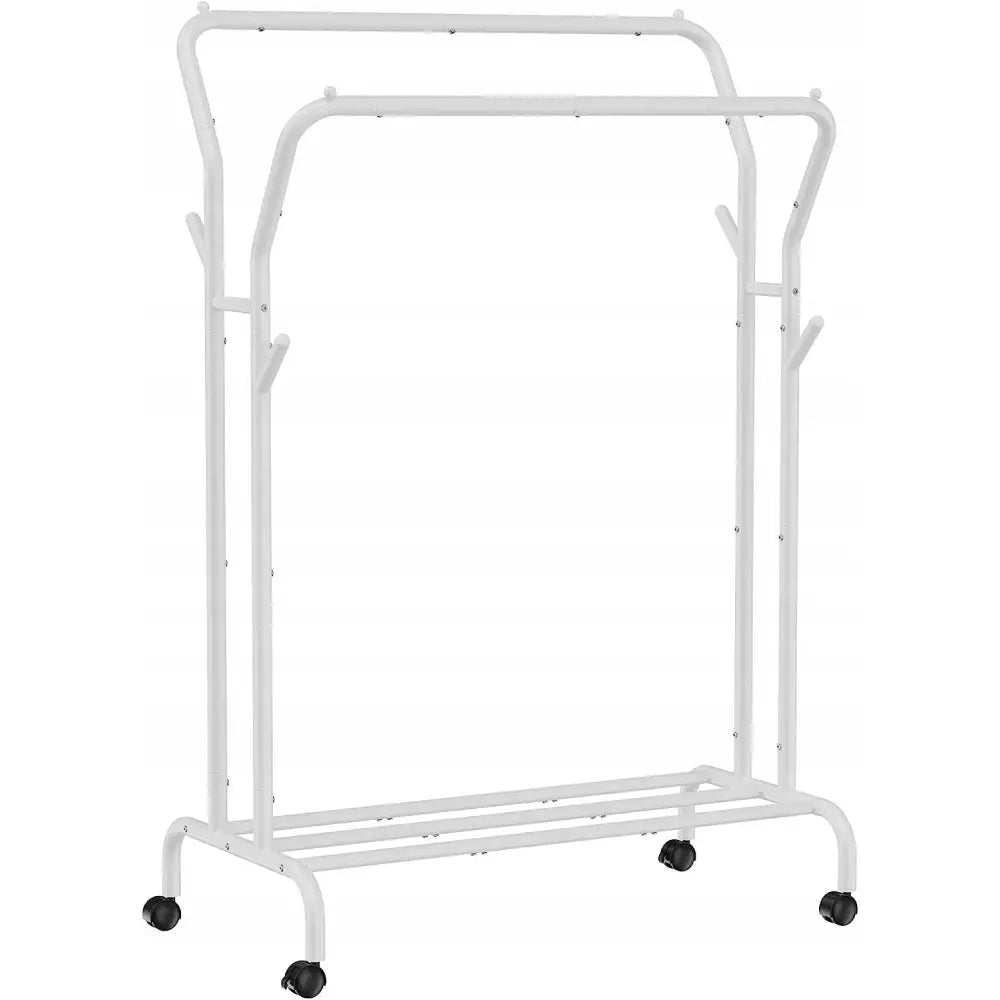 Høy mobilstativ garderobe i hvitt metall med to klesstenger, sidekroker og hjul, sett forfra mot hvit bakgrunn.