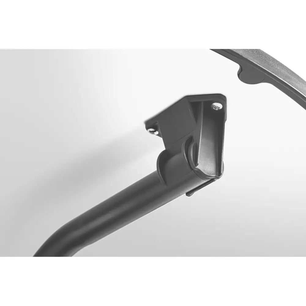 Sammenleggbart rundt bord, detalj av svart metallfeste med to skruer mot nøytral bakgrunn.