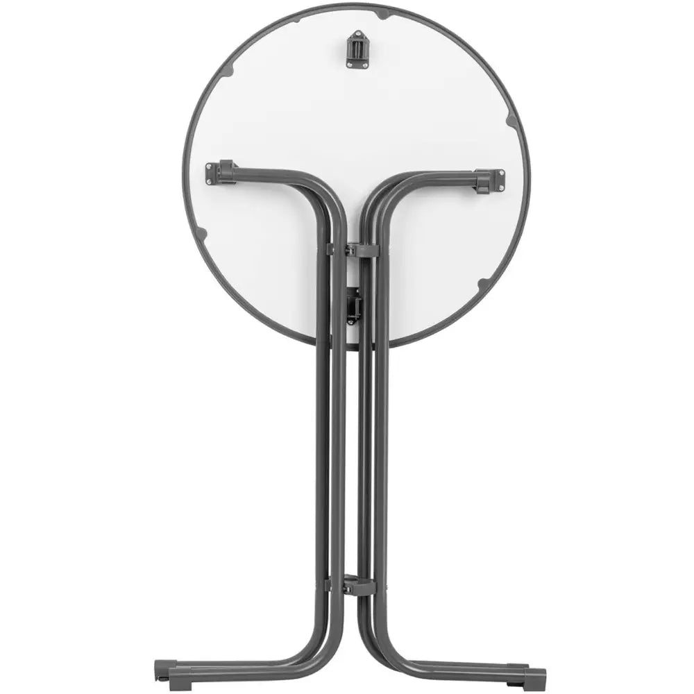 Sammenleggbart rundt bord, undersiden med svarte metallben og hvit plate, fokus på låsemekanismen.