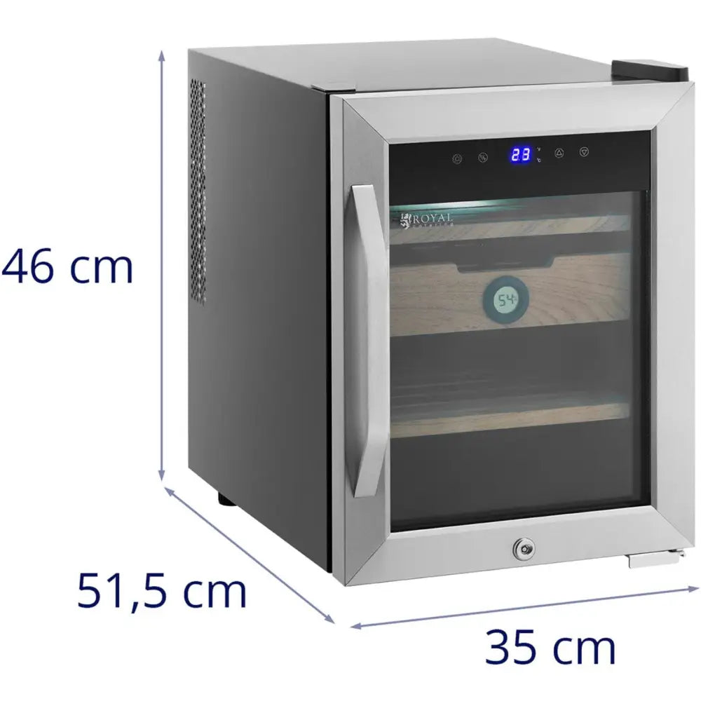 Humidor sigarskap i sedertre og stål, glassdør med håndtak, digitalt display og kompakte mål synlig.