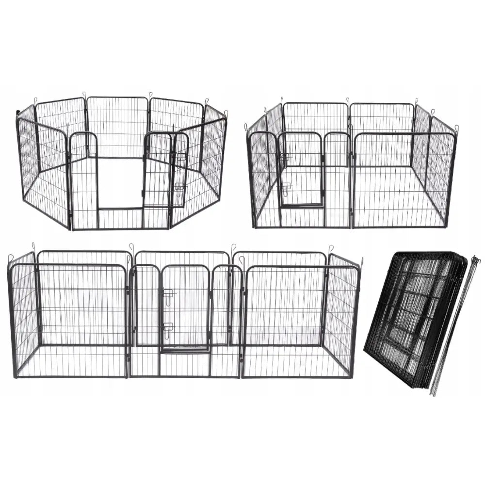 Hundegård Utendørs Løpegrind med 8 paneler, svart metallgjerde vist i ulike oppstillinger og sammenlagt for lagring.