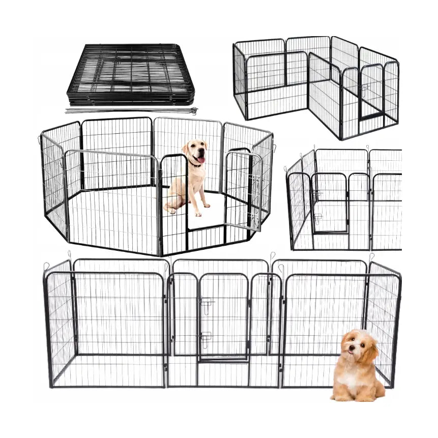 Hundegård utendørs løpegrind med 8 paneler, vist i fleksible oppsett med to hunder inni for å vise plass og størrelse.
