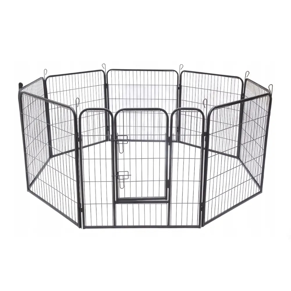 Hundegård Utendørs Løpegrind med 8 paneler, skrå forfra, viser netting, sort metall og låsbar dør i fronten.