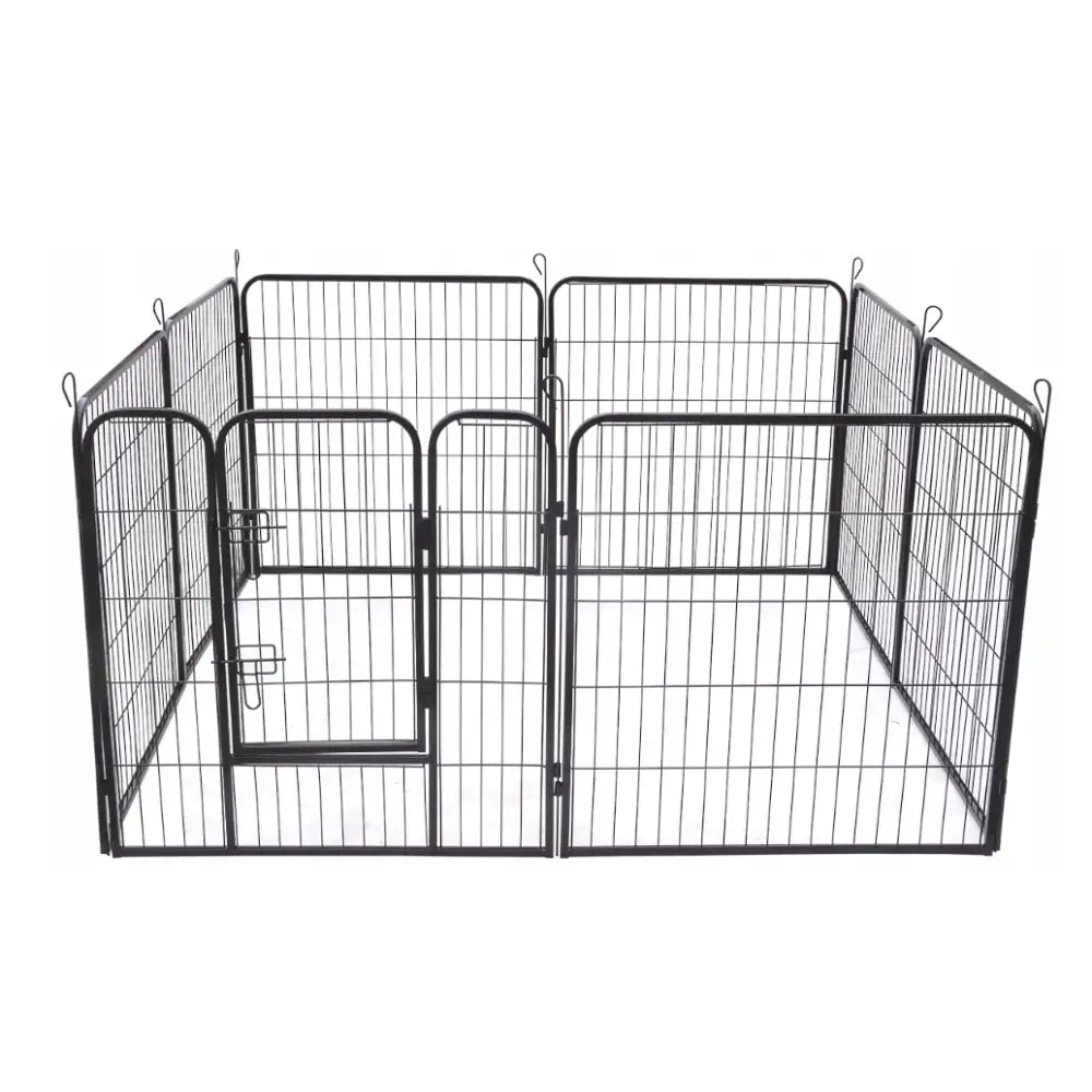 Hundegård Utendørs Løpegrind med 8 paneler, metallramme med synlig dør og doble låser sett skrått ovenfra.