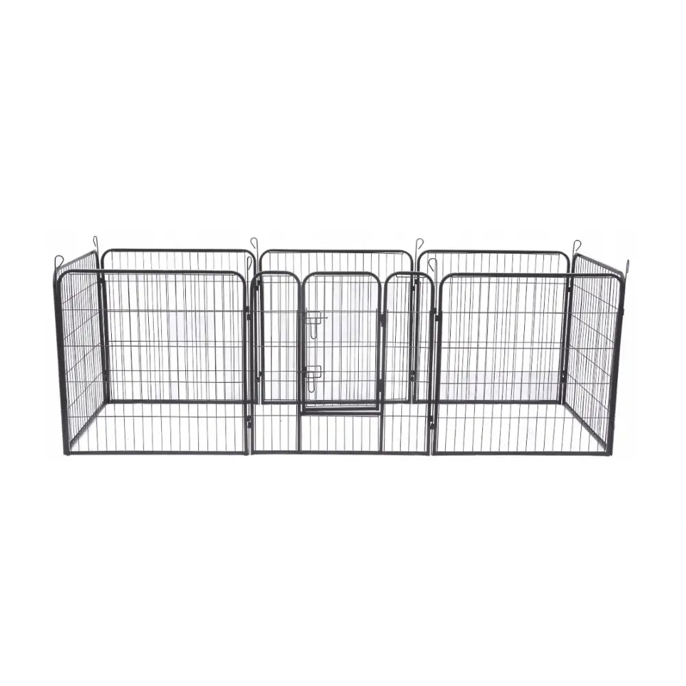 Hundegård Utendørs Løpegrind med 8 paneler, frontbilde av svart metallgitter med port og doble låser mot hvit bakgrunn.