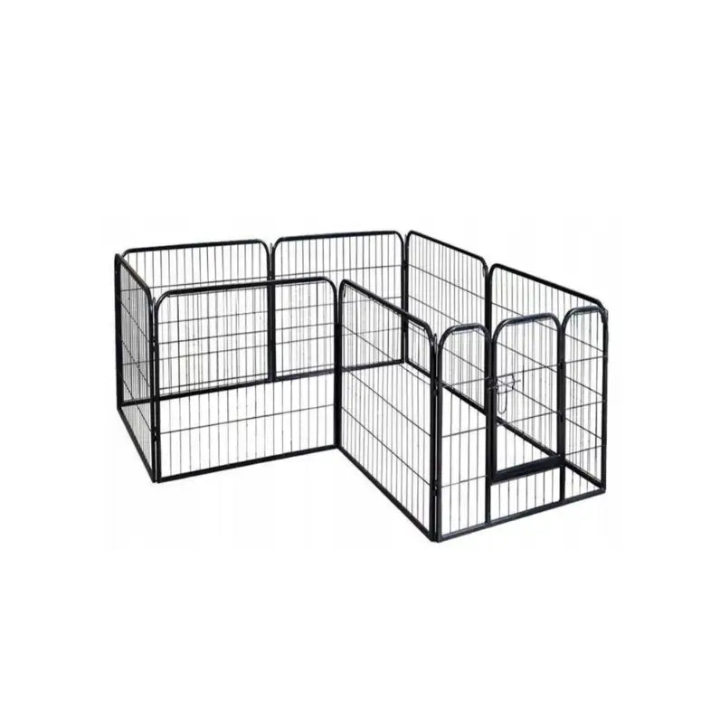 Hundegård Utendørs Løpegrind med 8 paneler, skrå visning med synlig låsbar dør og avrundede hjørner i sort metall.
