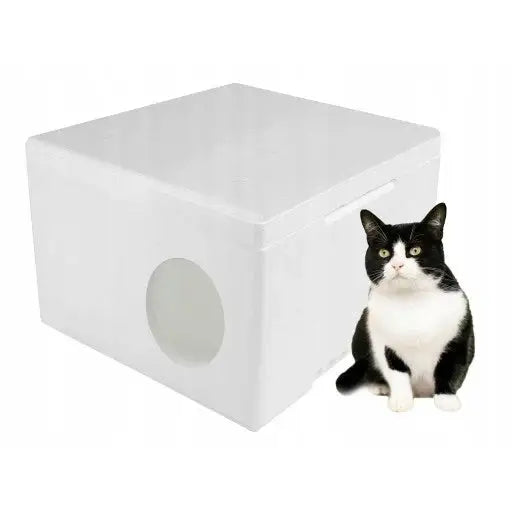 Hundehus Kattehus Liggeplass for Katter om Vinteren, hvit plastboks med rund inngang, svart og hvit katt ved siden av.