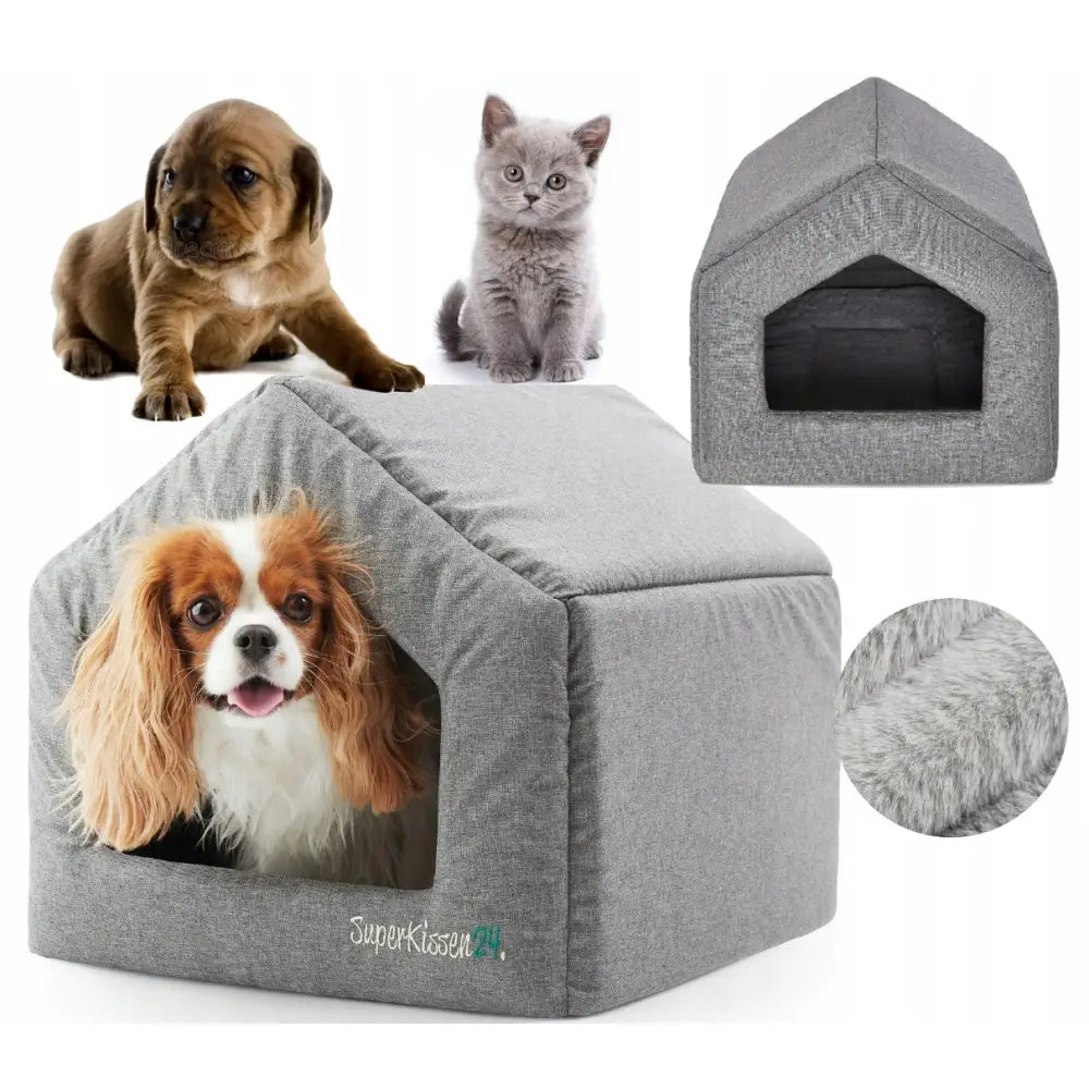 Hundehus Katteseng Buda XL, grått tekstilhus med plysjfôr, valp og katt slapper av inne i huset.