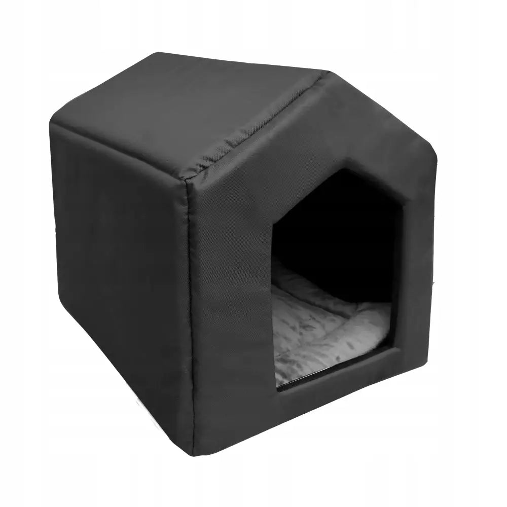 Hundehus Katteseng med Myk Matte L, mørkegrå stoffhus med sekskantet inngang og synlig myk madrass inni.