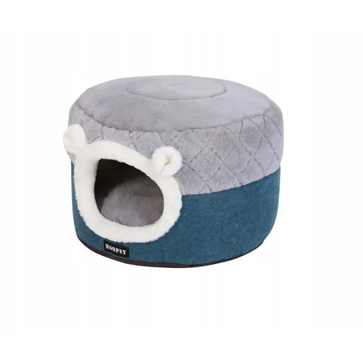 Hundehus / Seng 2-i-1 S, frontvisning viser grått og blått rundt hus med hvite ører og quiltet topp.