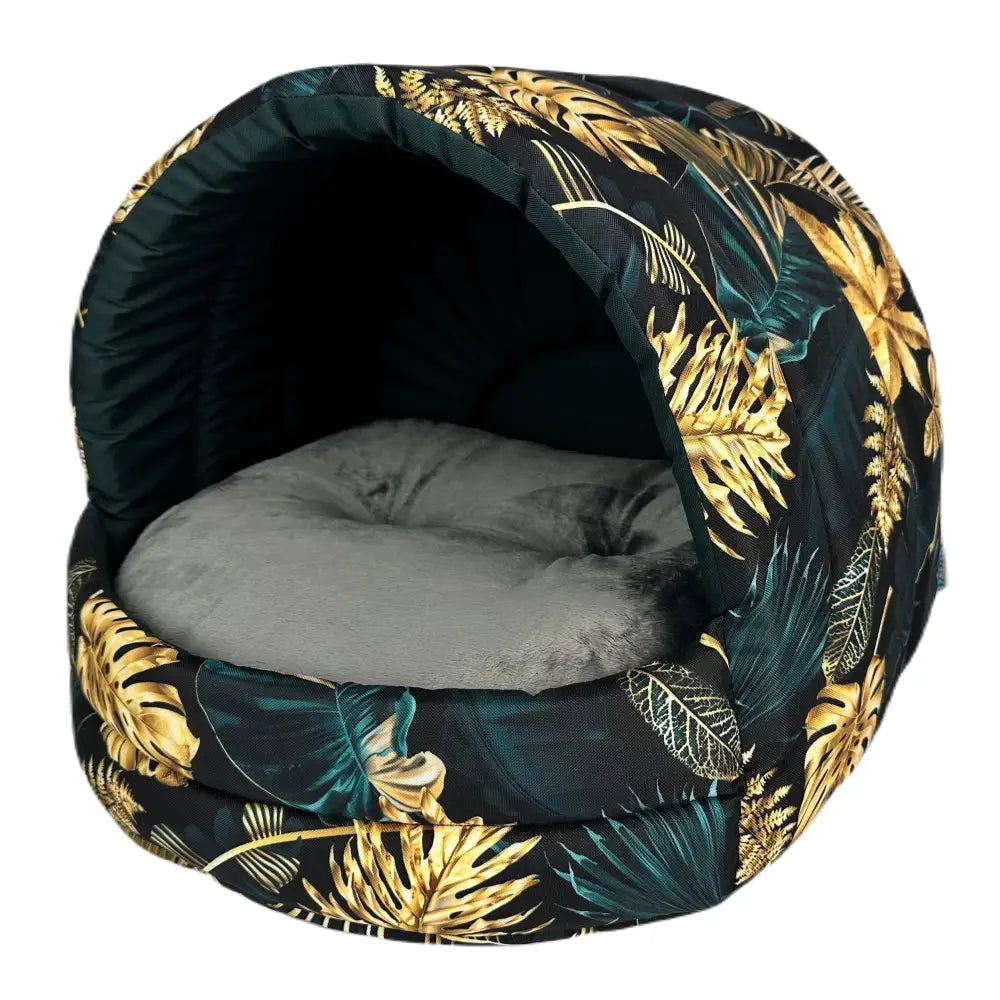 Hundehus seng for hund og katt i svart med gule blader, front- og sidevisning med grå innvendig pute.