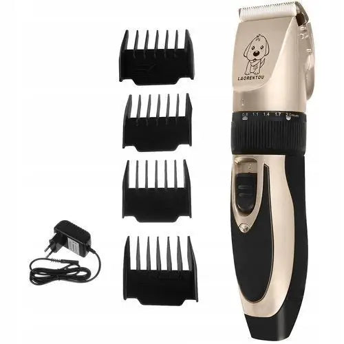Hundeklipper Set, trådløs gullfarget klipper med svarte detaljer, fire trimmerkammer og lader vist fra siden.