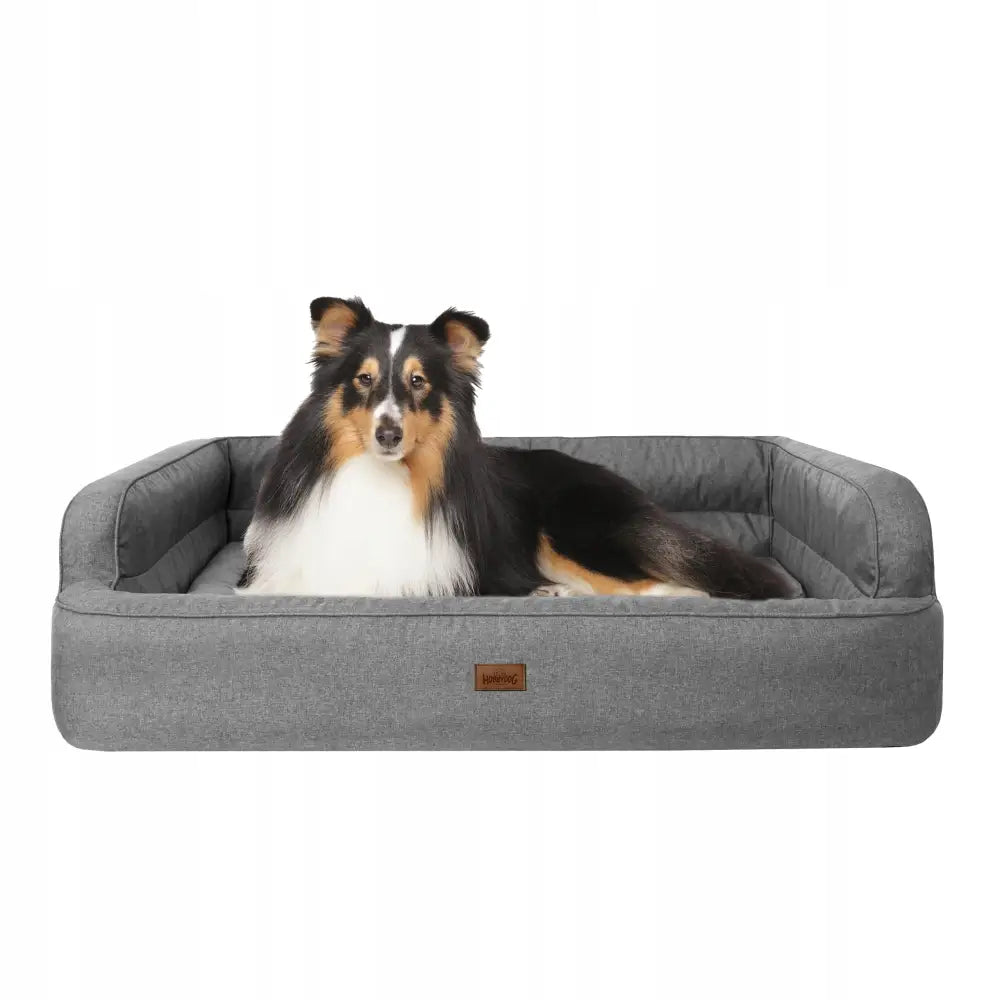 Hundeseng Doggy Sofa XXL, grå rektangulær seng med mykt stoff og forhøyede kanter, hund slapper av foran lys bakgrunn.