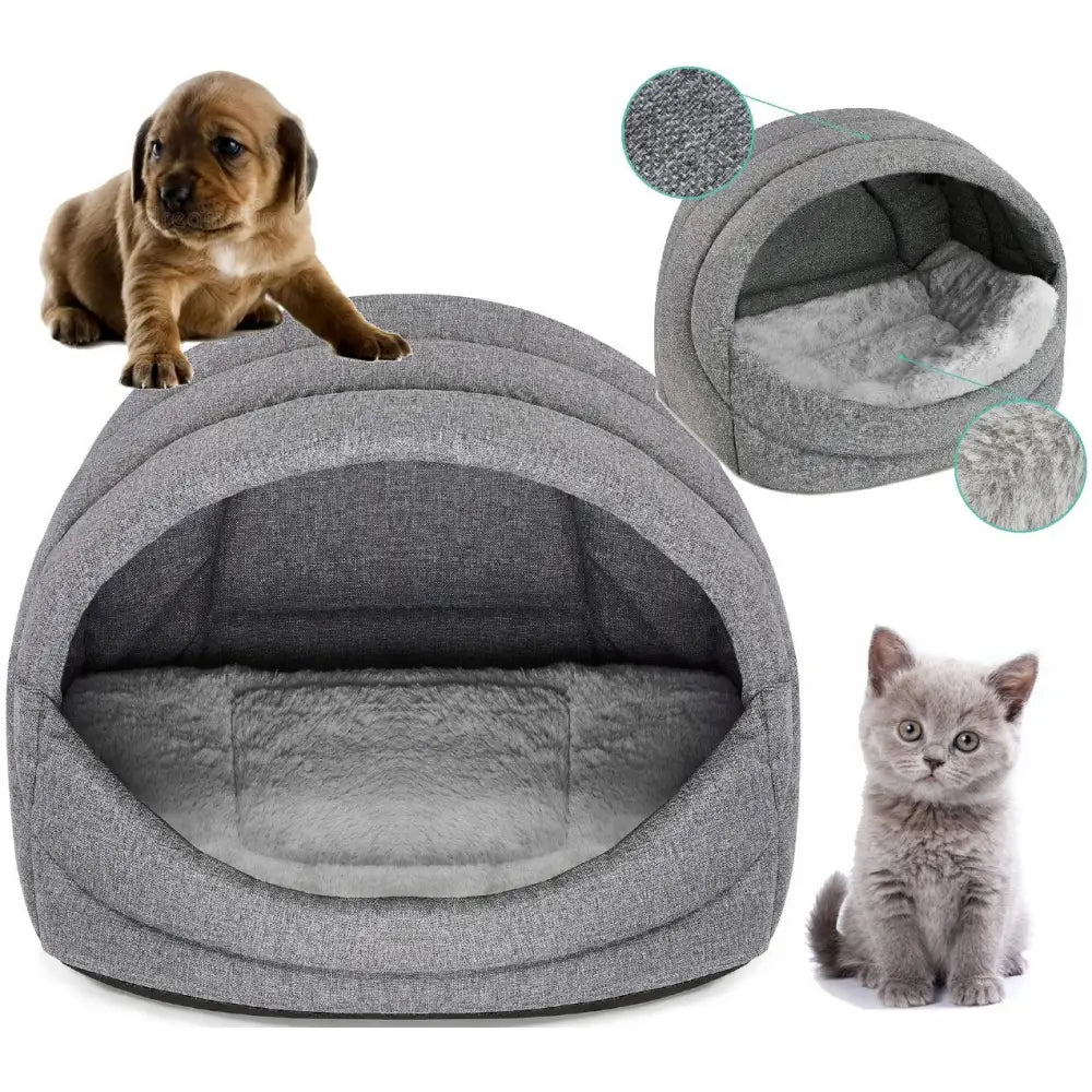 Hundeseng for hund og katt XL, halvlukket grått kosedyrhus med myk plysj, valp og katt ved siden av for størrelsesreferanse.