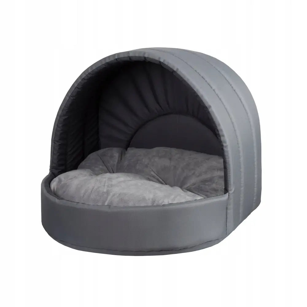Hundeseng Katteseng Hunde- og Kattehus XL, grått, halvsirkelformet tekstilhus med åpen front og myk pute, sett fra siden.