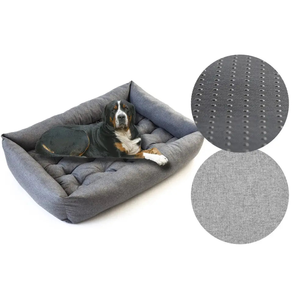 Hundeseng Sofa 120x90 i grått tekstil, stor hund hviler i sengen, nærbilder av stoffstruktur og antiskli-underlag vises.
