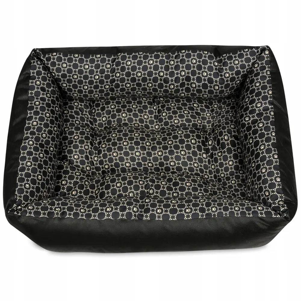 Hundeseng Sofa 70x55 med poteavtrykk, svart vanntett stoff og høye polstrede kanter, sett rett ovenfra.