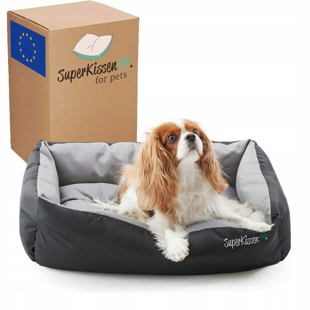Hundeseng Sofa 95 x 75 i grått og svart, vist forfra med hund og medfølgende eske med produsentens logo.