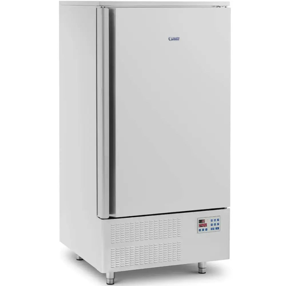 Hurtigkjøler med LCD-skjerm, skrå forfra med synlig kontrollpanel, håndtak og ventilert metallfelt nederst.