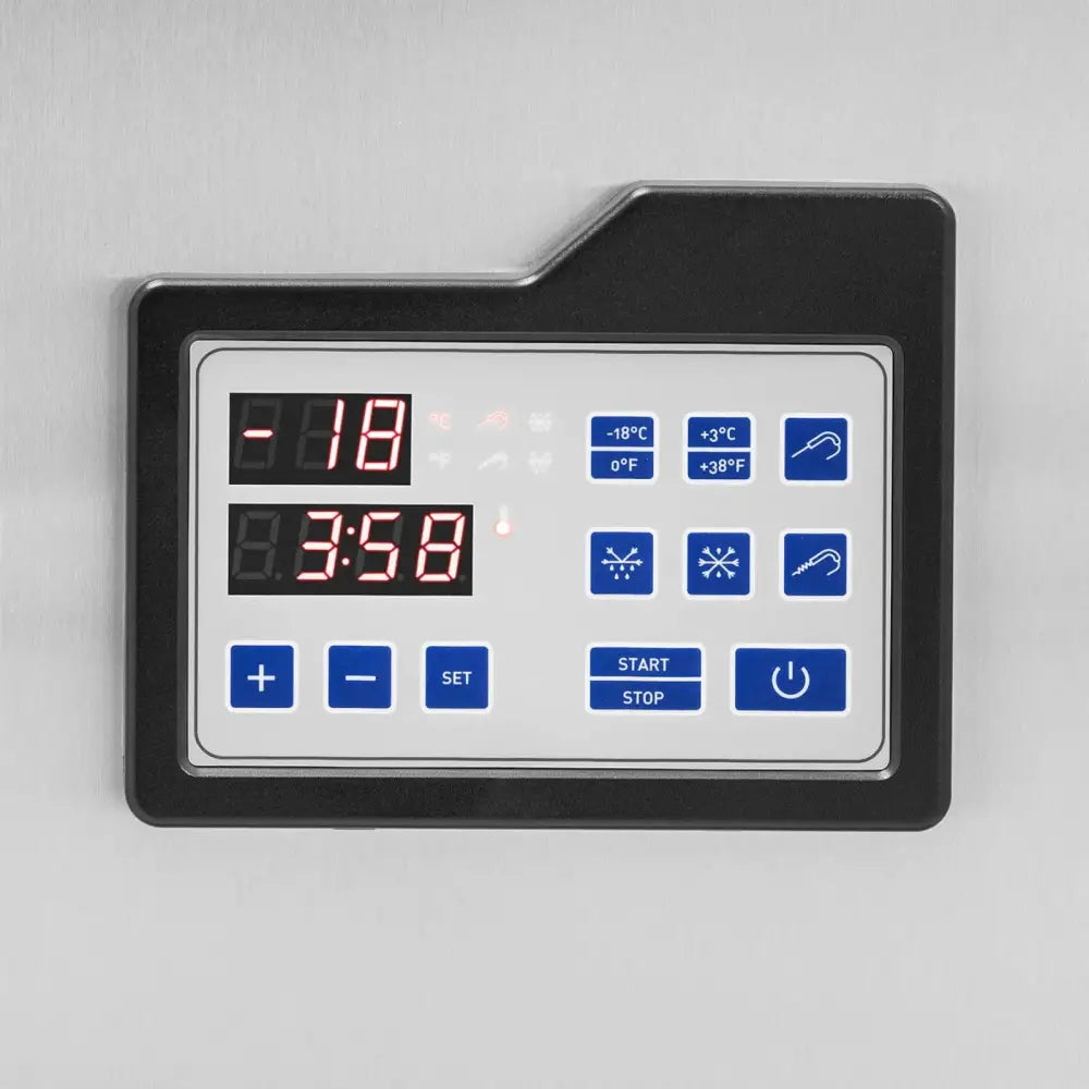 Digitalt kontrollpanel for hurtigkjøler, frontvisning med rødt LED-display for temperatur og tid.