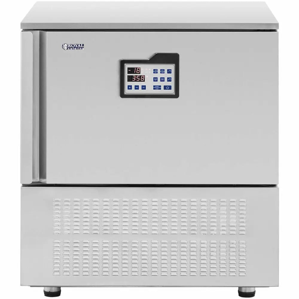 Hurtigkjøler med LCD-skjerm, frontvisning med blå knapper, ventilert bunn og justerbare føtter.