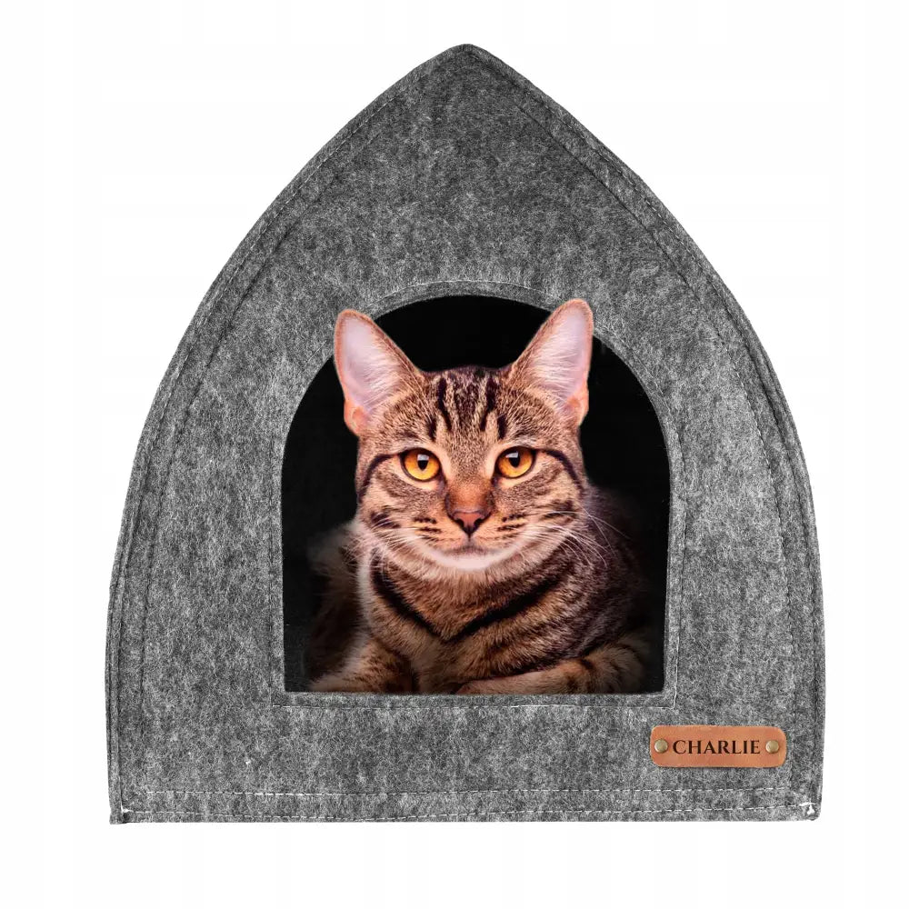 Kattehus i grå filt med personlig navneskilt "CHARLIE", spisst tak og brunstripet katt liggende inni.
